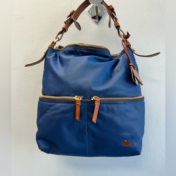 Dooney & Bourke Handbags - Dooney & Bourke Navy Nylon Shoulder Bag with Brown Leather Trim